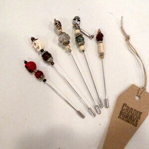 NEW 5” HANDCRAFTED GOTHIC SKULL TOPPED VOODOO DOLL PIN LOT OF 5 PROP ODDITY